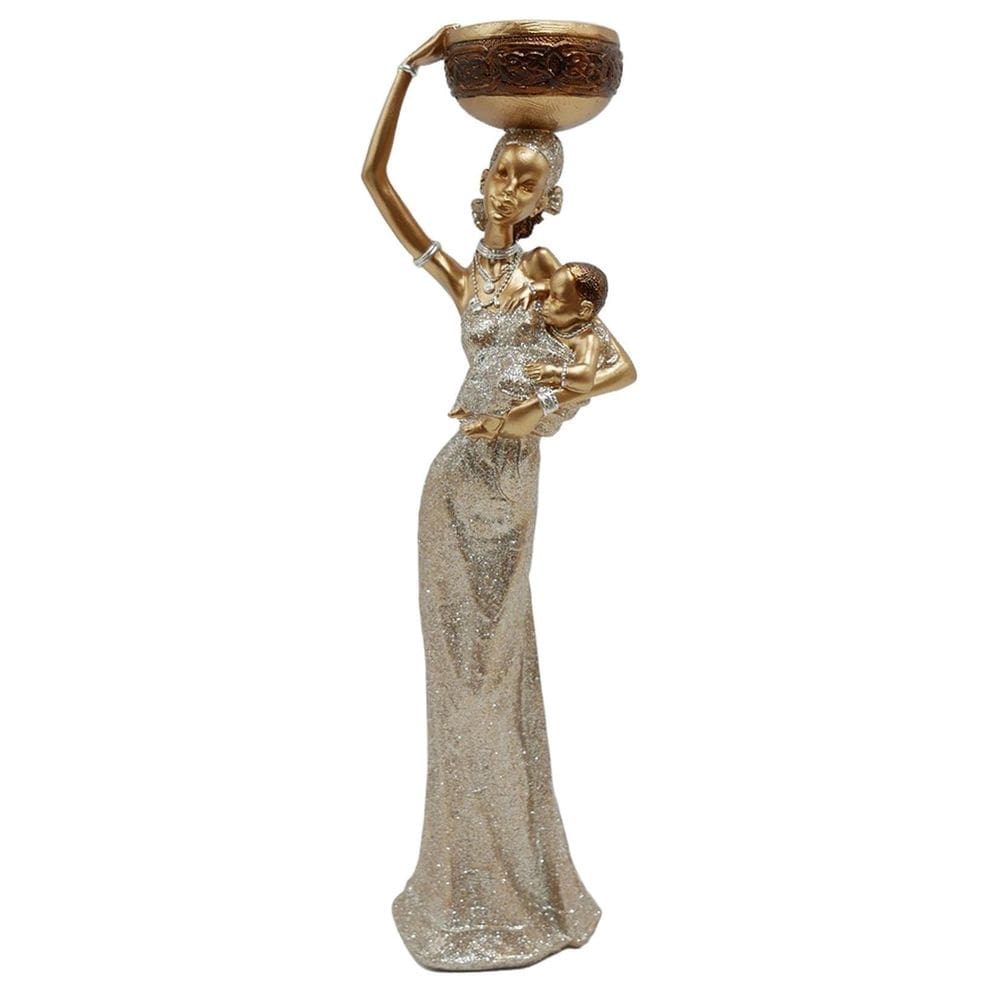 Africana com criança e cesta escultura 30cm