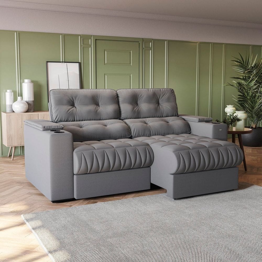 Sofá 230cm com Porta Copos Retrátil e Reclinável Premier Titânio
