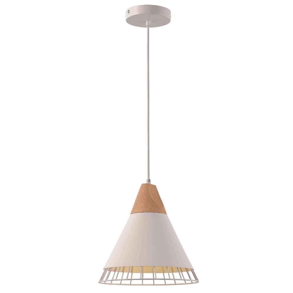 Pendente aramado wood branco detalhe em madeira design