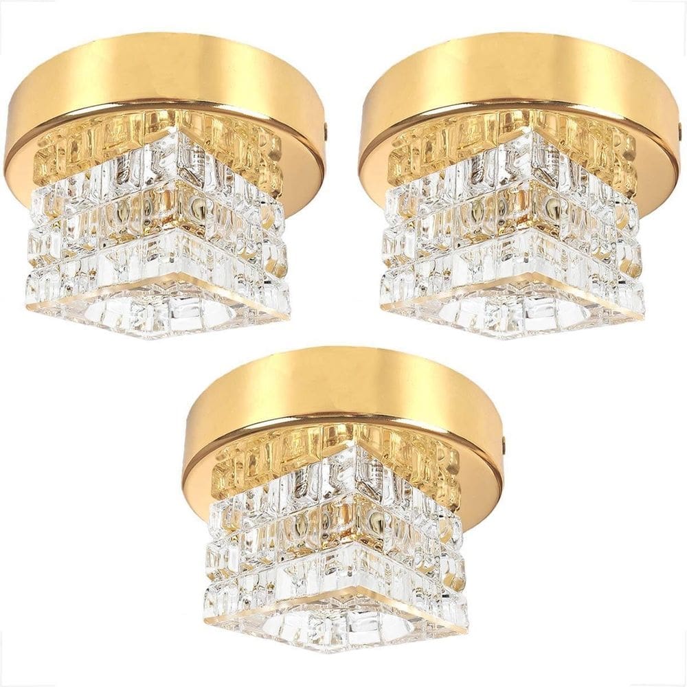 Kit 3 Spot Cristal Quadrado Sobrepor Dourado Plafon Lavabo