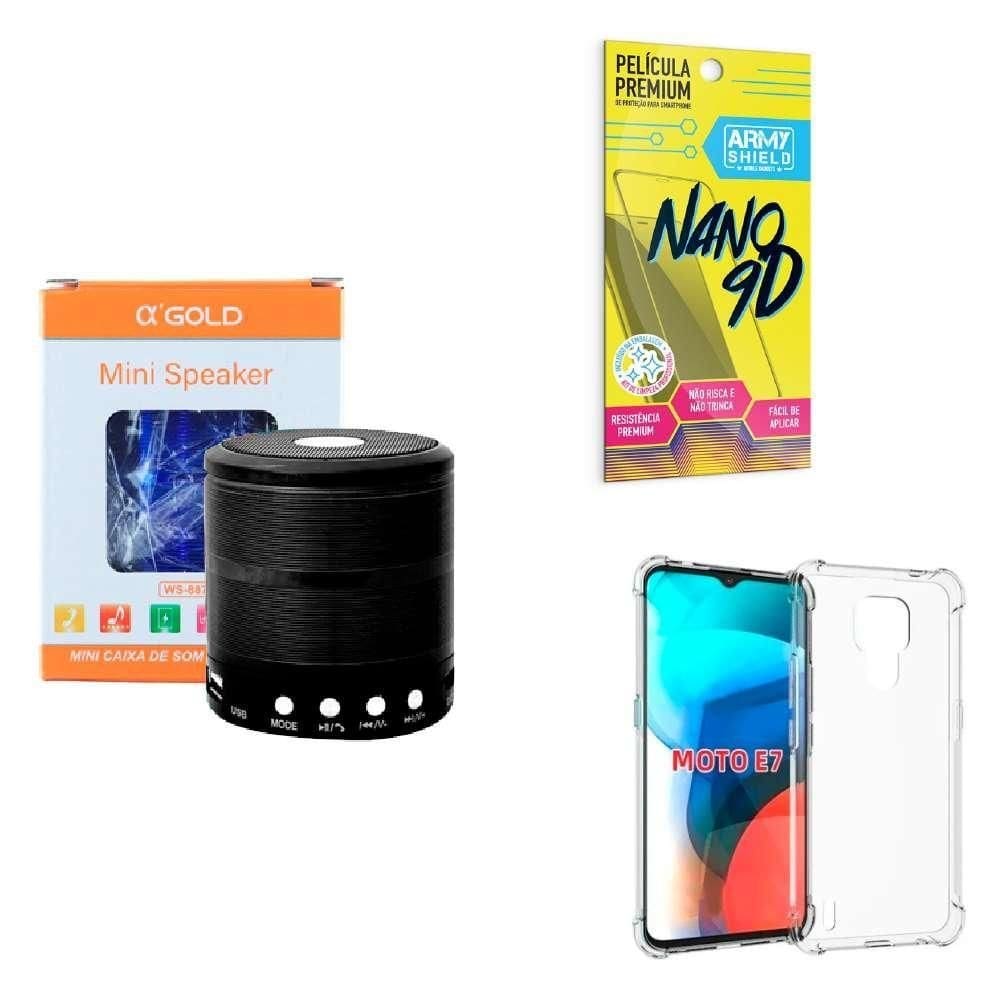 Kit caixa de som + capinha motorola e7 + película 9d