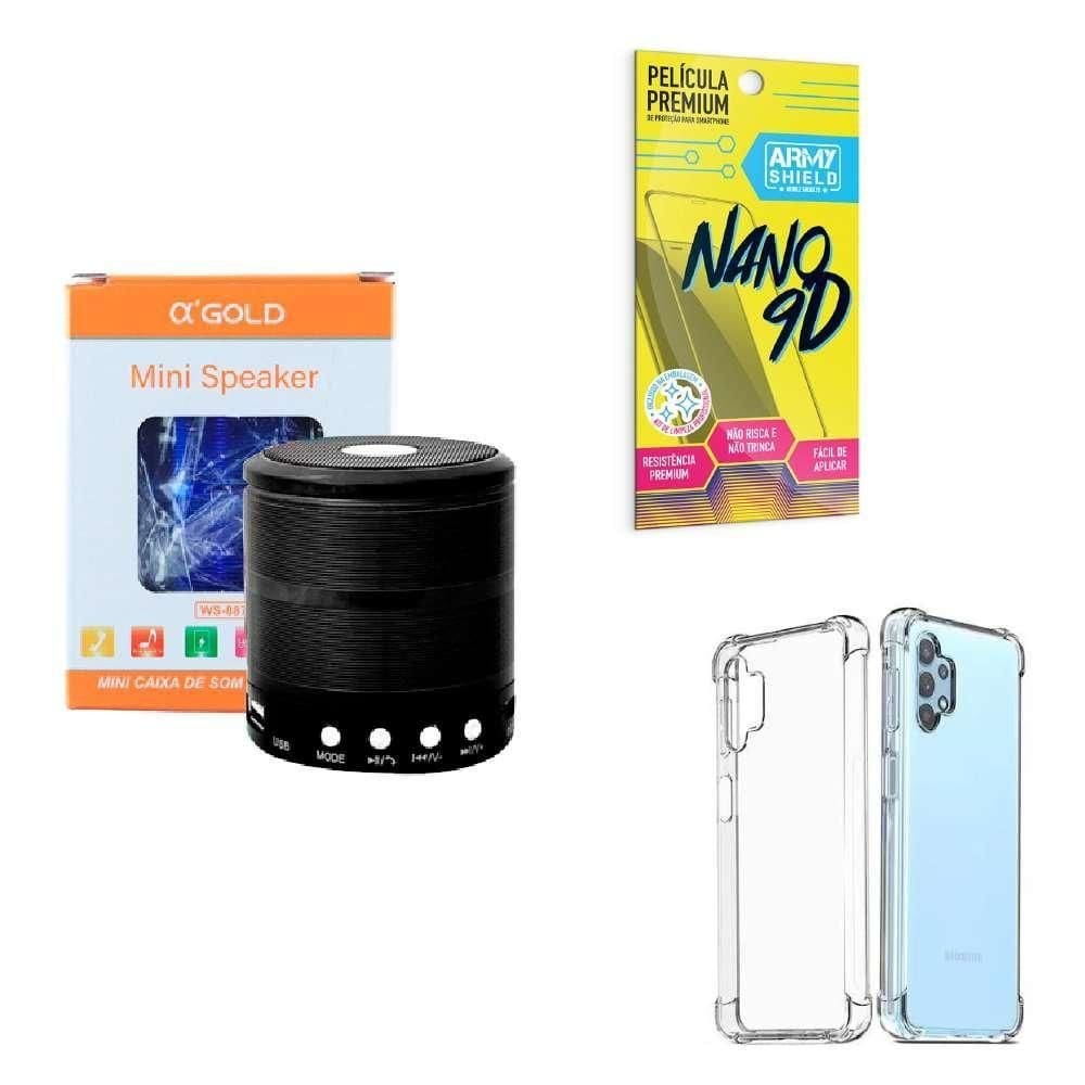 Kit caixa de som + capinha samsung a32 4g + película 9d