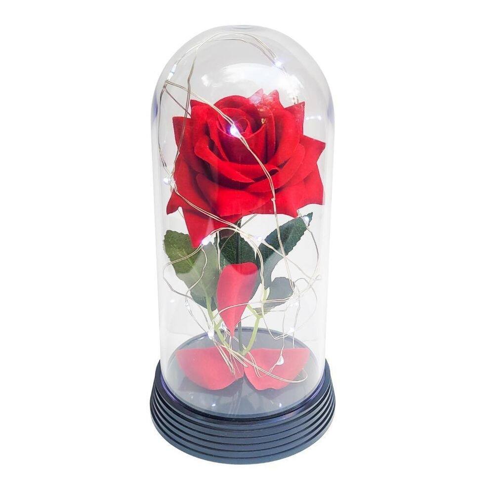Luminária a rosa encantada vermelha 20 cm base preta frio