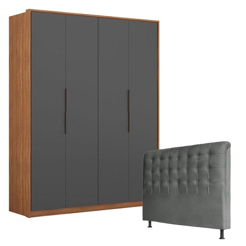Guarda Roupa Attore 4 Portas Amêndola Grafito com Cabeceira Ana 140 cm Cinza – Demartêz