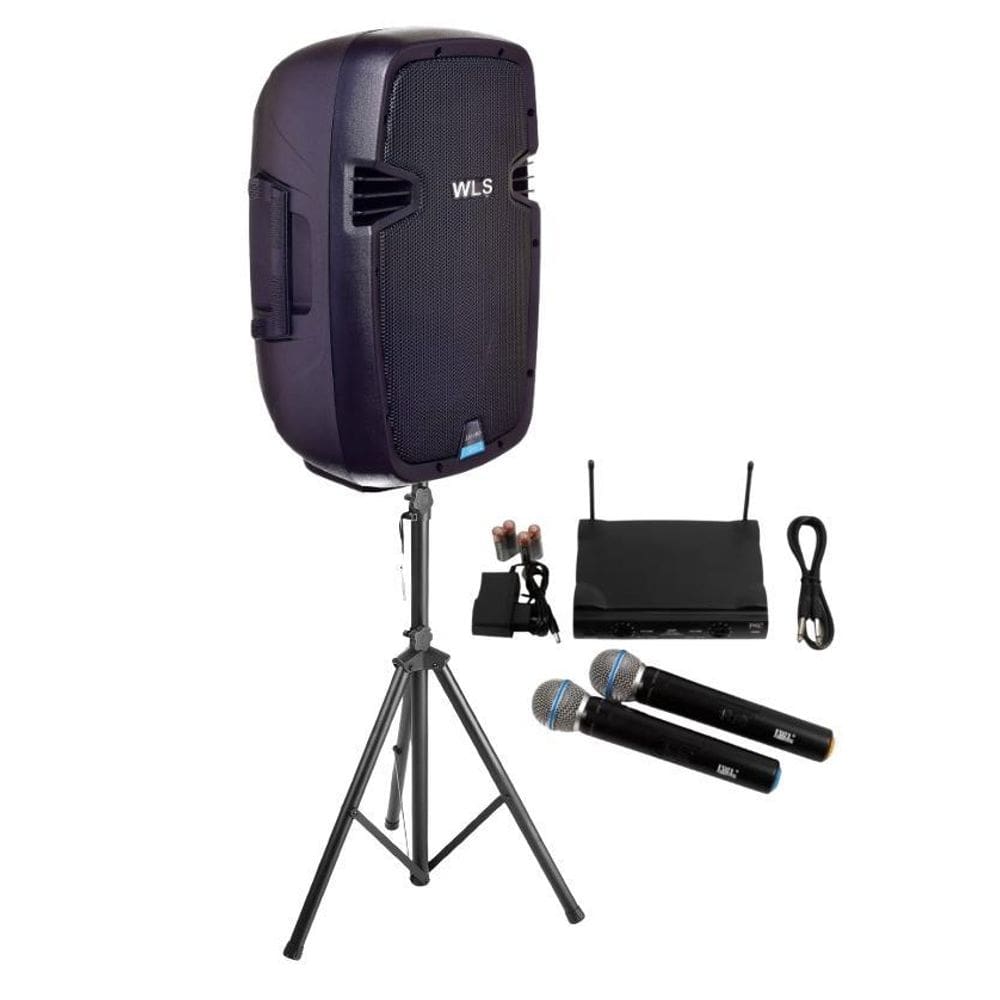 Caixa wls j10 pro ativa 150w rms usb bt+2 mic s/fio+pedestal
