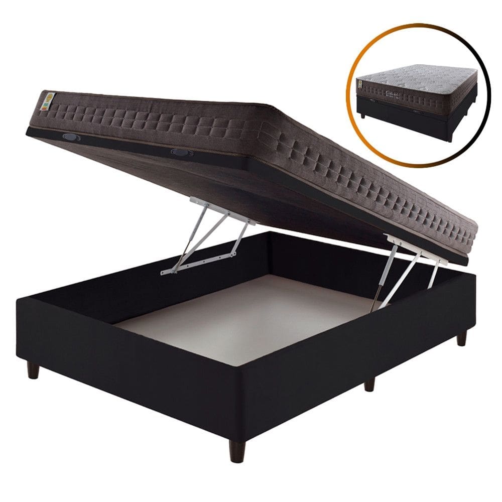 Cama Box Casal Baú Preto + Colchão Molas Ensacadas Orlando 138x188x72cm
