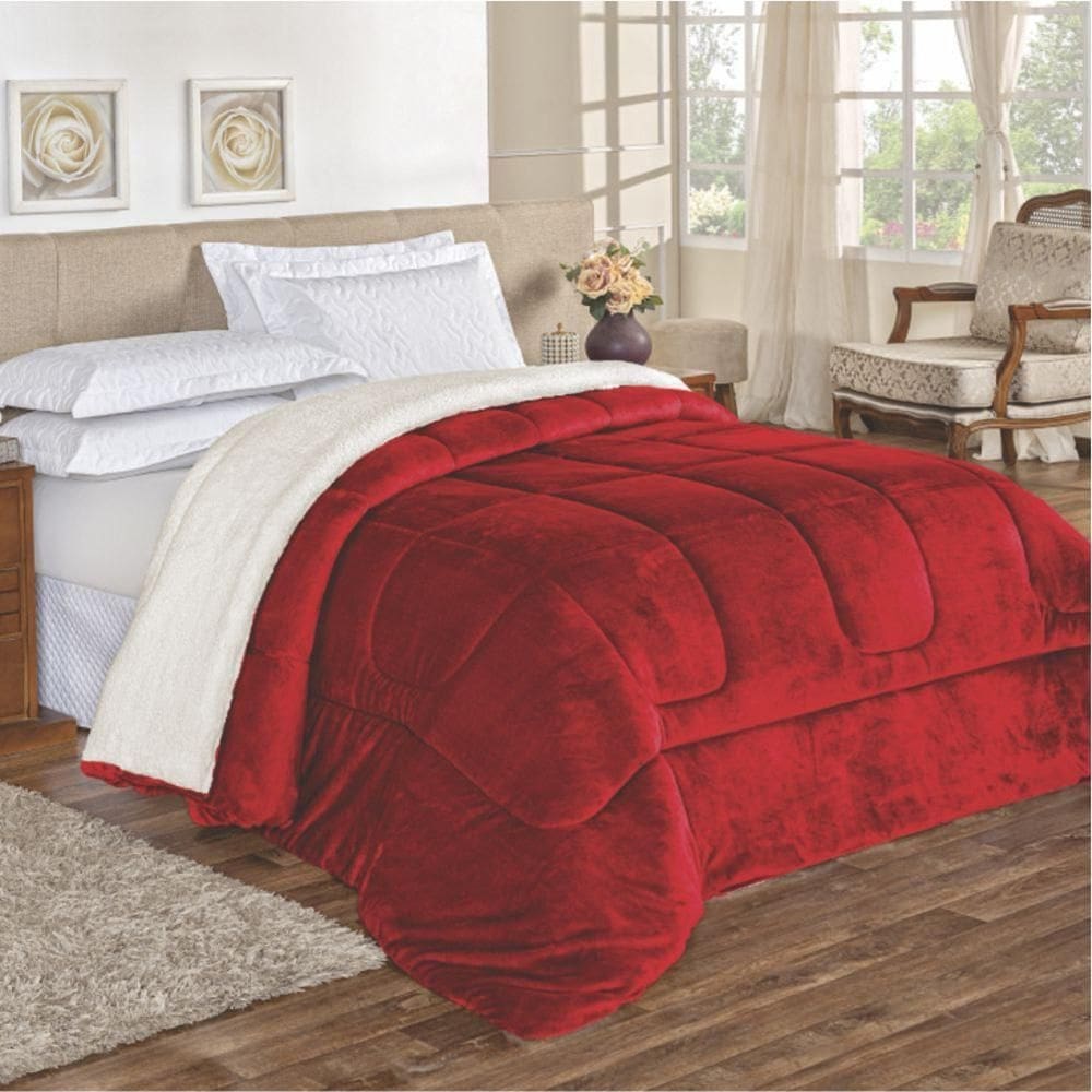 Edredom bariloche queen dupla face sherpa vermelho