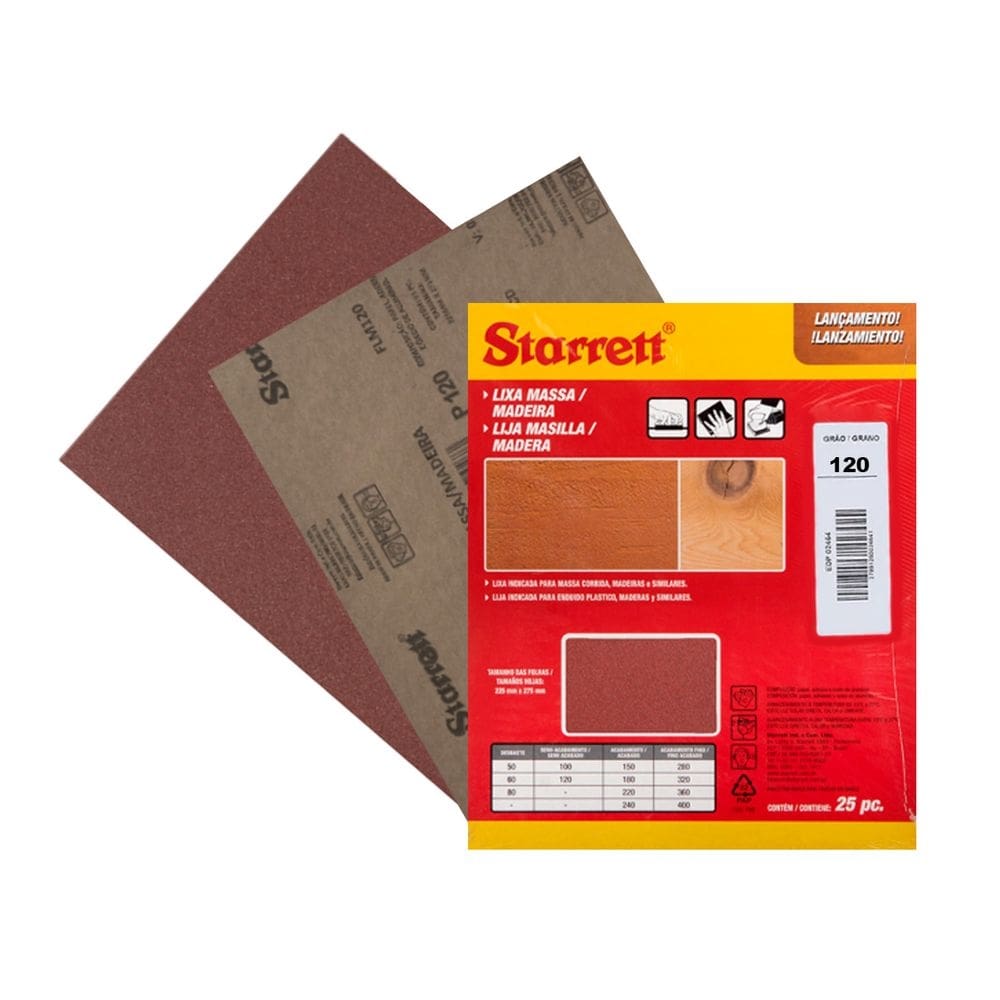 Kit 25 Unid. Lixa Massa Madeira 120 Semi Acabamento Starrett