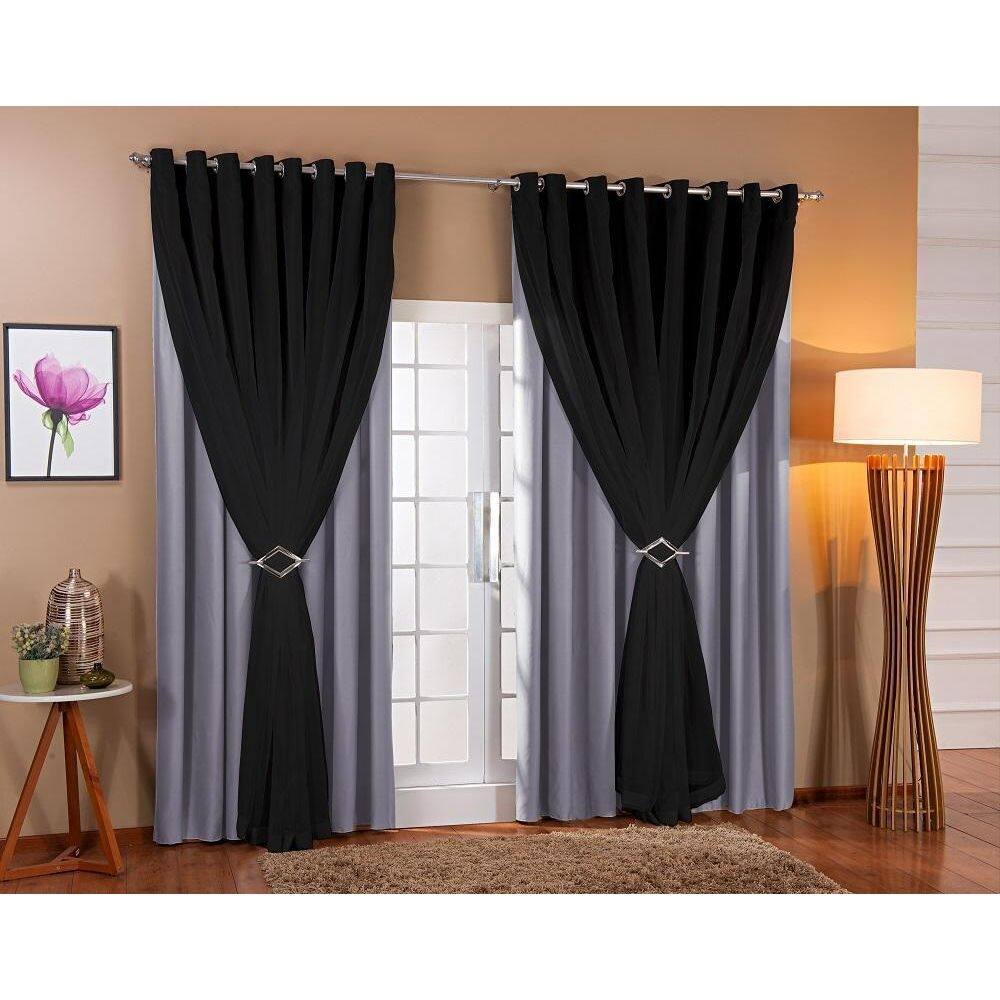 Cortina Voil Forro Blackout Tecido 4,00X2,80 Cinza/Preto