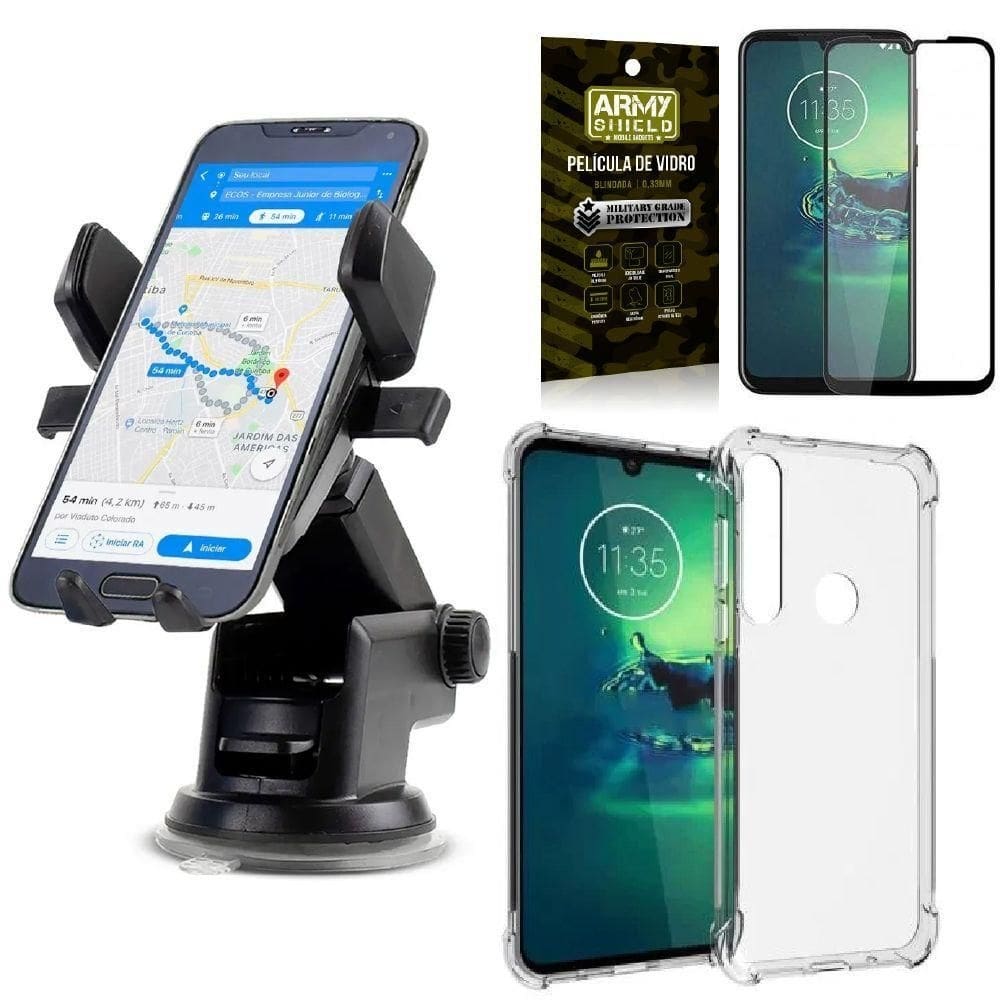 Capa moto g8 play + suporte veicular automatic + película 3d