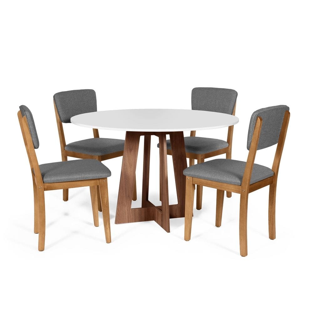 Mesa de Jantar Redonda Montreal Bran/Nor com 4 Cadeiras Estofadas Ella Cinza Escuro