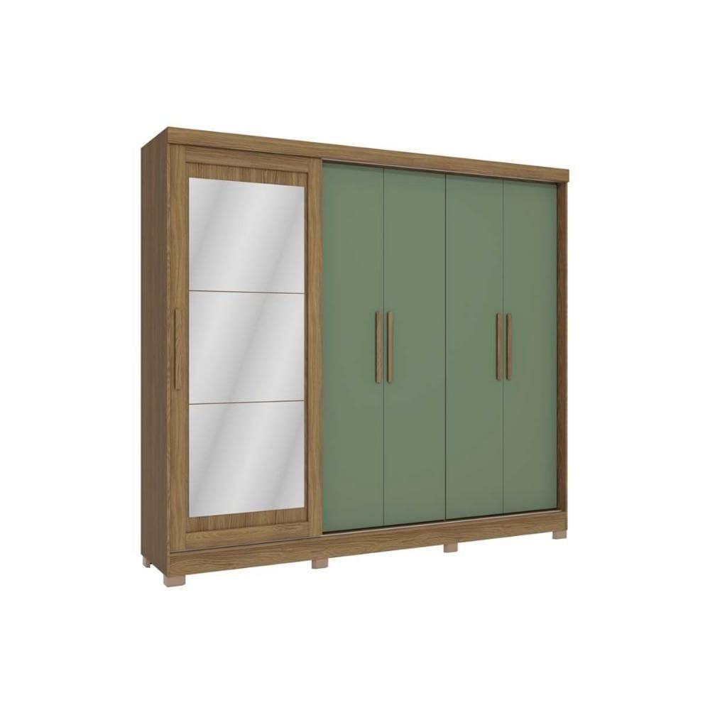 Guarda Roupa Casal 5 Portas e 4 Gavetas c/ Espelho e Pés Flex CB01N564 Nogueira/Verde Oliva - Kappesberg