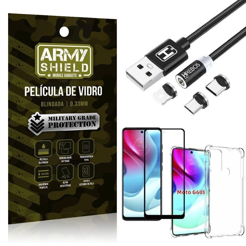 Capinha moto g60s + cabo magnético 2m + pelicula 3d