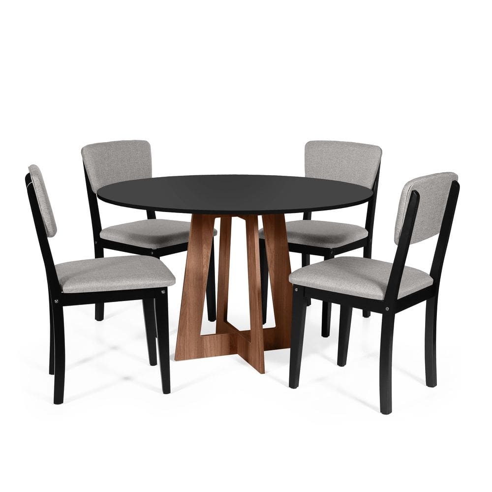 Mesa de Jantar Redonda Montreal Pret/Nor com 4 Cadeiras Estofadas Ella Preto/Cinza Claro