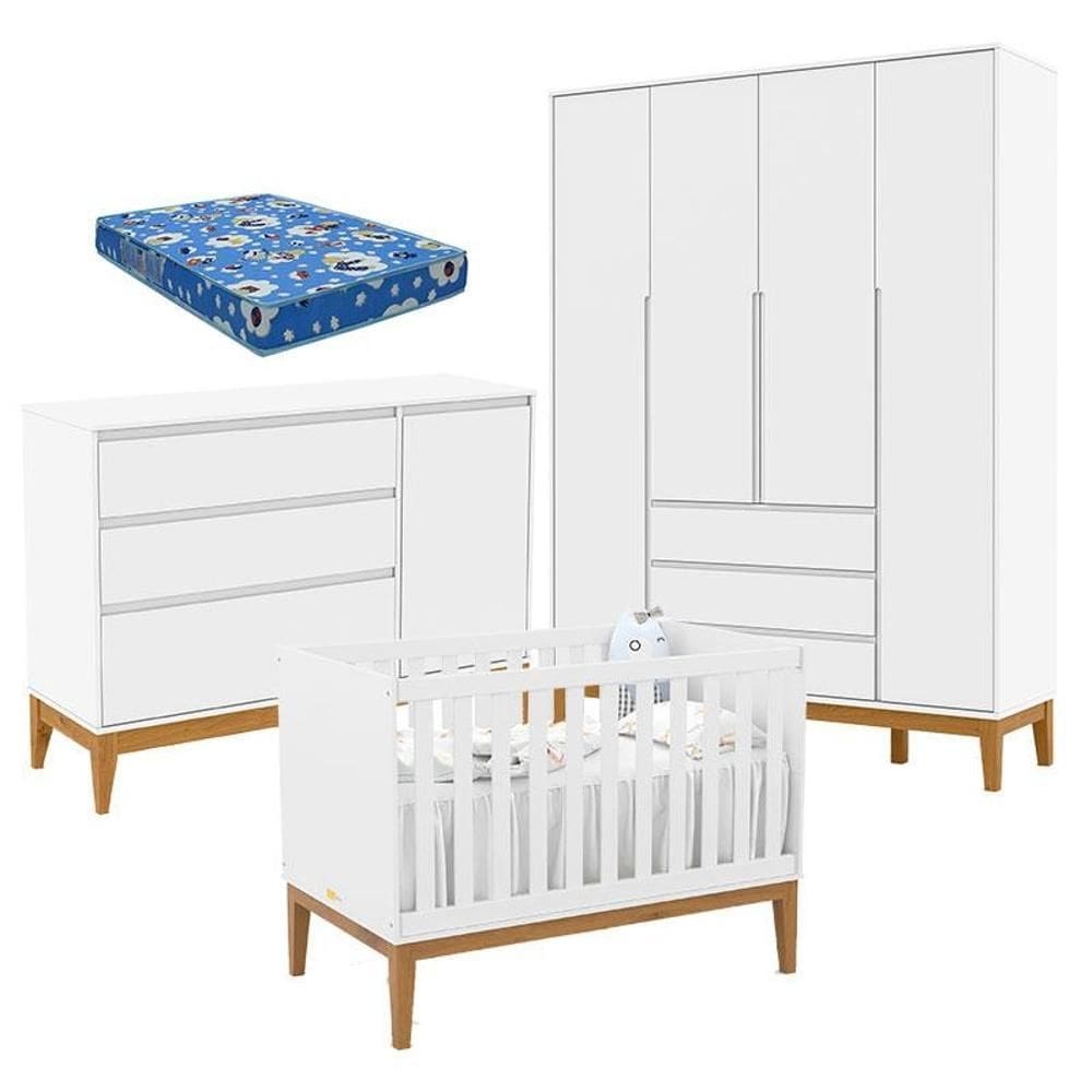 Quarto de Bebê Nature Clean 4 Portas com Berço Unique Branco Soft Eco Wood e Colchão Ortobom – Matic
