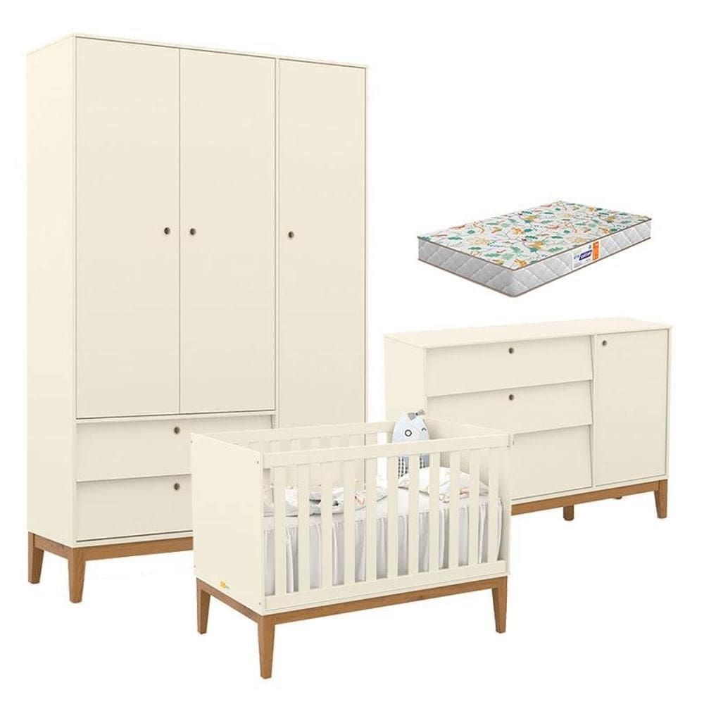 Quarto de Bebe Unique 3 Portas com Cômoda Sapateira Off White Eco Wood e Colchão Gazin - Matic