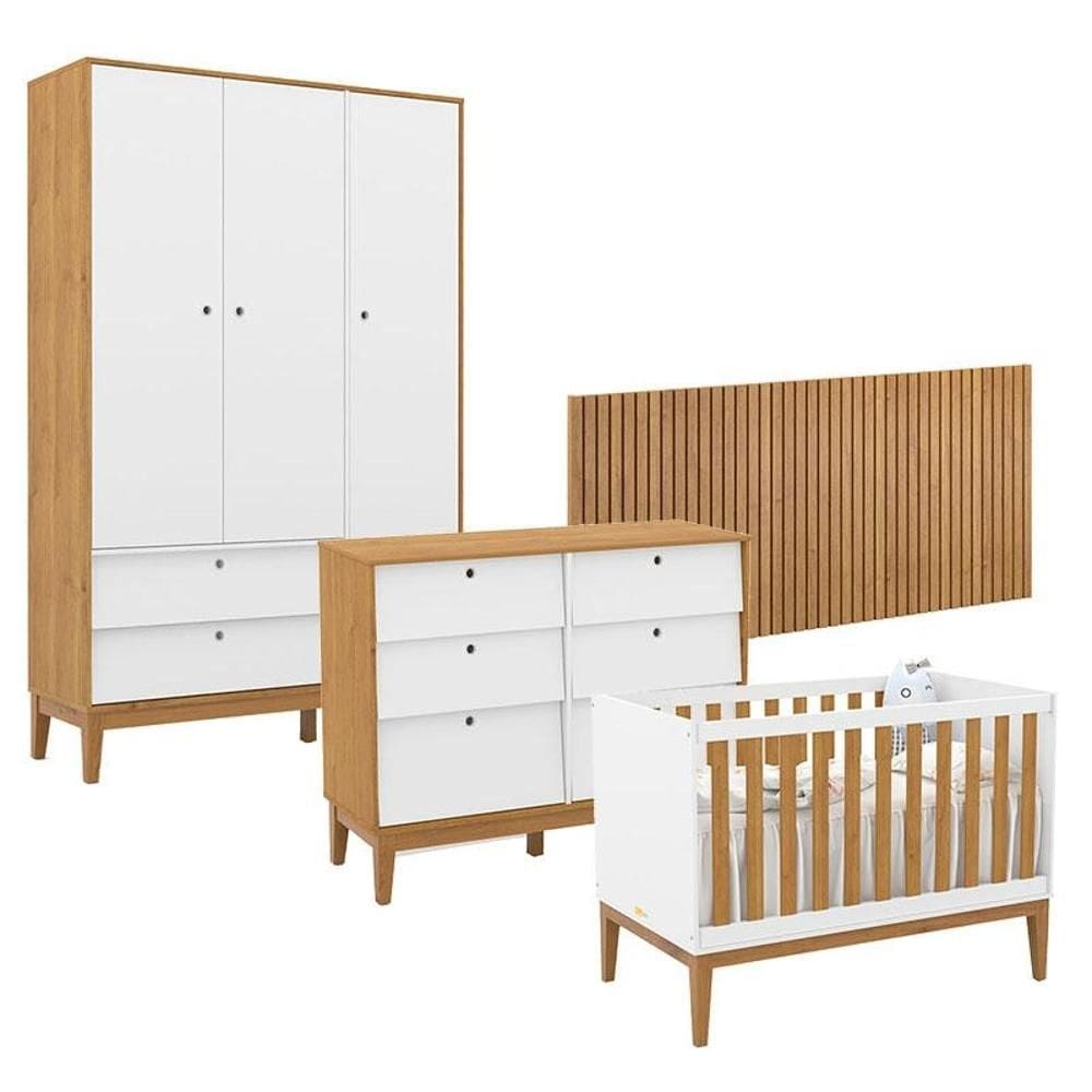Quarto de Bebê Unique 3 Portas com Cômoda 6 Gavetas e Painel Ripado Branco Soft Freijó Eco Wood - Matic