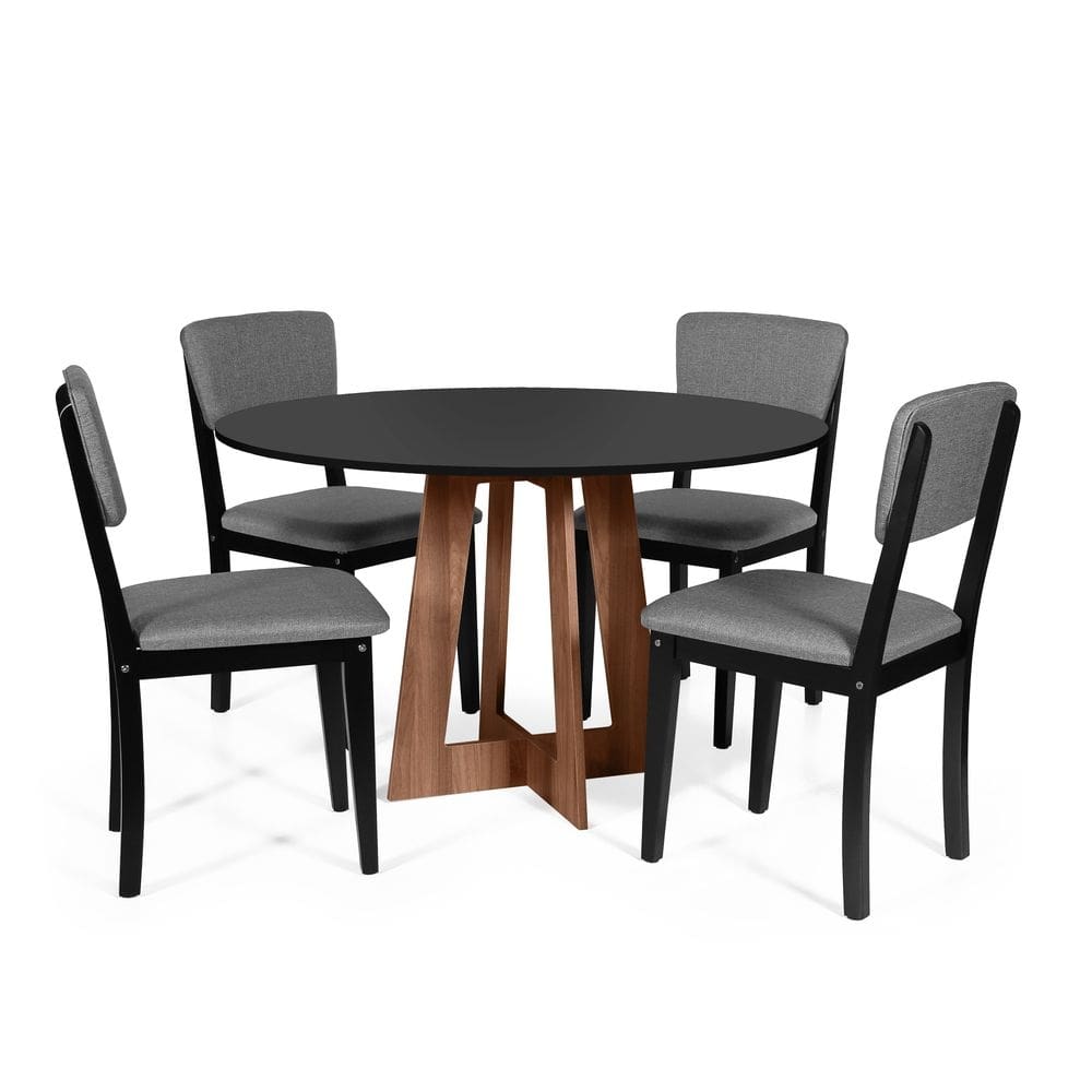 Mesa de Jantar Redonda Montreal Pret/Nor com 4 Cadeiras Estofadas Ella Preto/Cinza Escuro