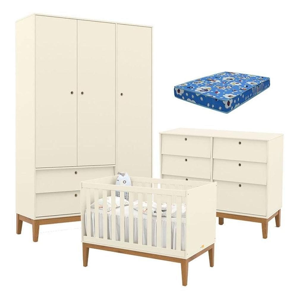 Quarto de Bebe Unique 3 Portas com Cômoda 6 Gavetas Off White Eco Wood e Colchão Ortobom - Matic