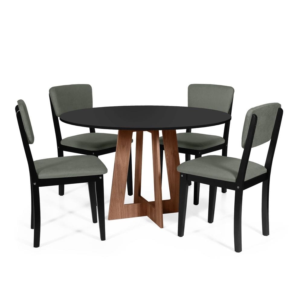 Mesa de Jantar Redonda Montreal Pret/Nor com 4 Cadeiras Estofadas Ella Preto/Cinza