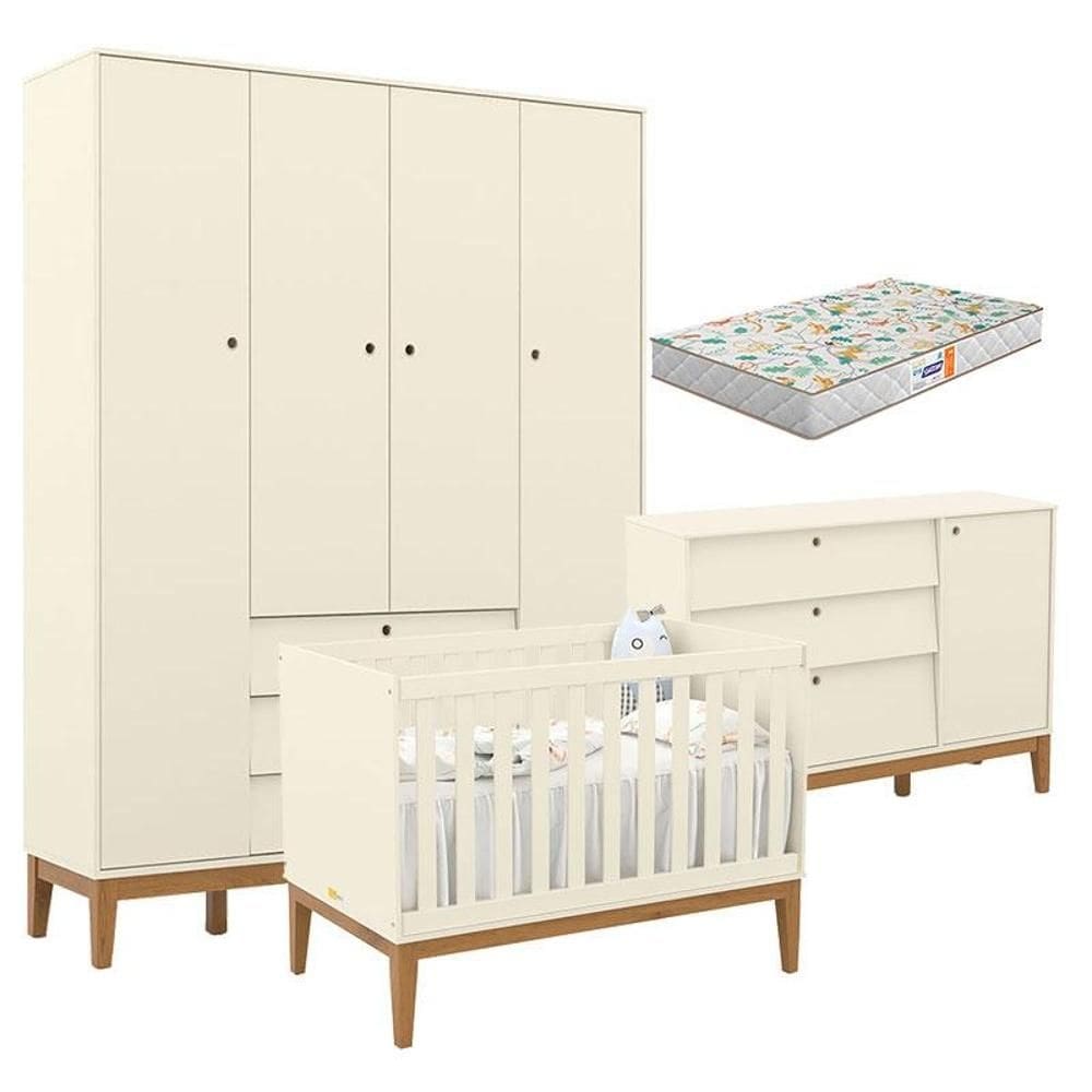 Quarto de Bebe Unique 4 Portas com Cômoda Sapateira Off White Eco Wood e Colchão Gazin - Matic