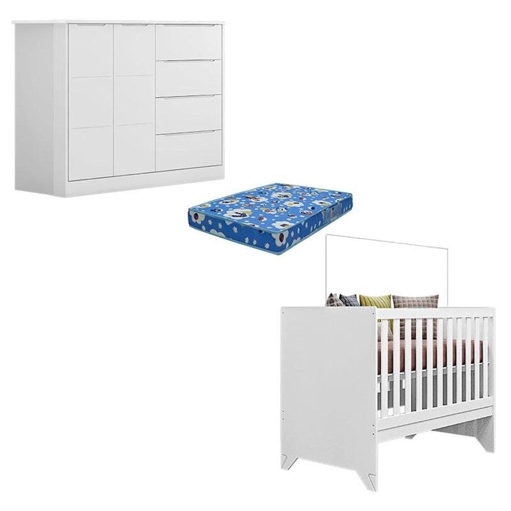 Berço Americano Retro Maya e Cômoda Infantil Eloá Branco Acetinado com Colchão Ortobom – Phoenix Baby