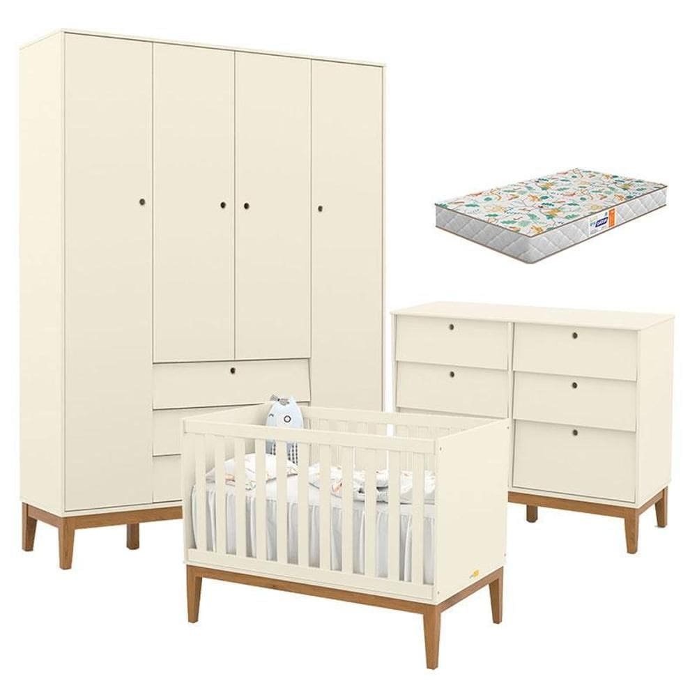 Quarto de Bebe Unique 4 Portas com Cômoda 6 Gavetas Off White Eco Wood e Colchão Gazin - Matic