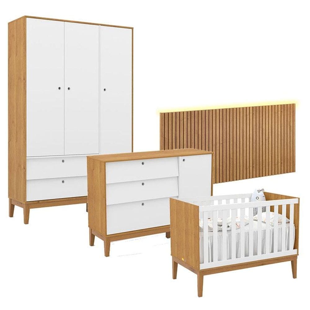 Quarto de Bebê Unique 3 Portas com Cômoda Sapateira e Painel Ripado com Led Freijó Branco Soft Eco Wood - Matic