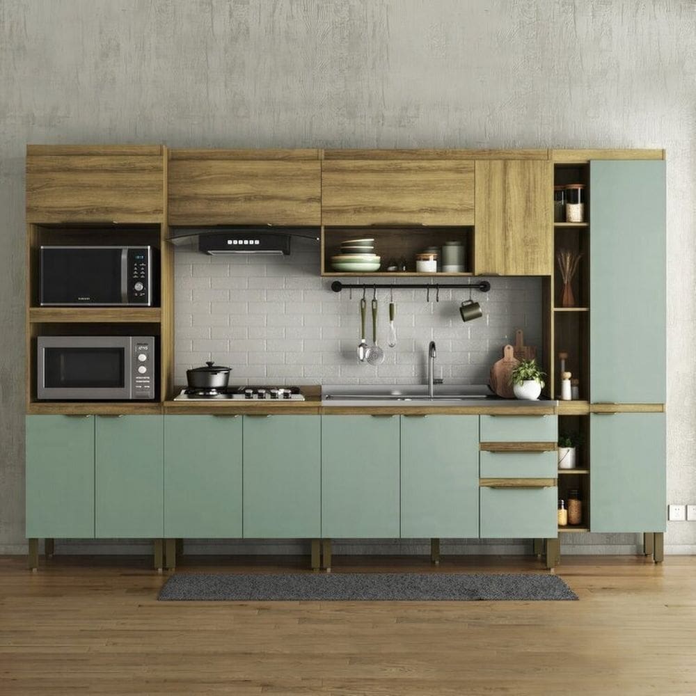 Cozinha Modulada 6 Peças 2 Aéreos 2 Balcões 1 Paneleiro e 1 Torre Quente Magnólia Mel/Verde