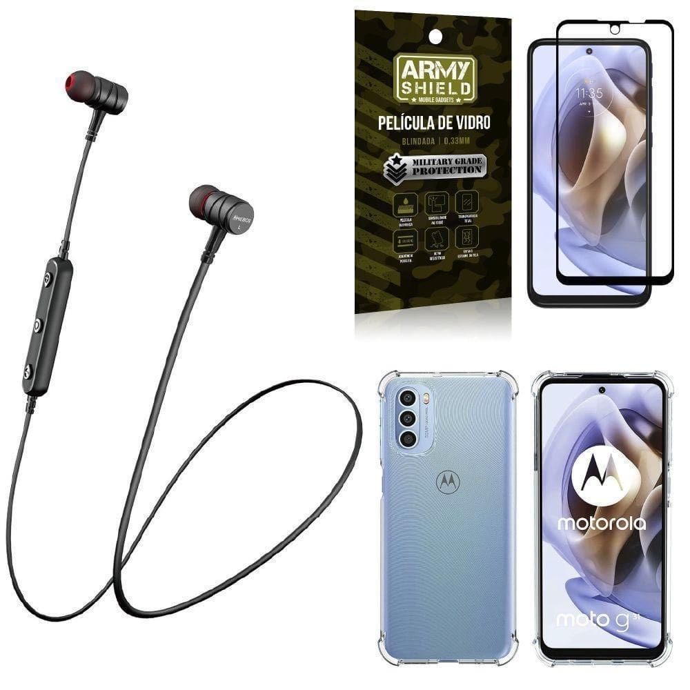 Capinha moto g31 + fone bluetooth hs-615 + película 3d