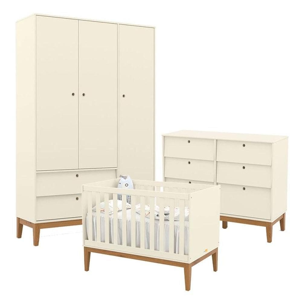 Quarto de Bebe Unique 3 Portas com Cômoda 6 Gavetas Off White Eco Wood - Matic