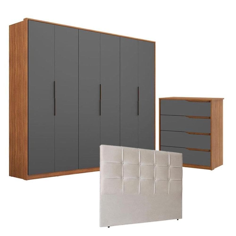 Guarda Roupa 6 Portas Atrice e Cômoda Atria Amêndola Grafito com Cabeceira Luiza 160 cm Marfim – Demartêz