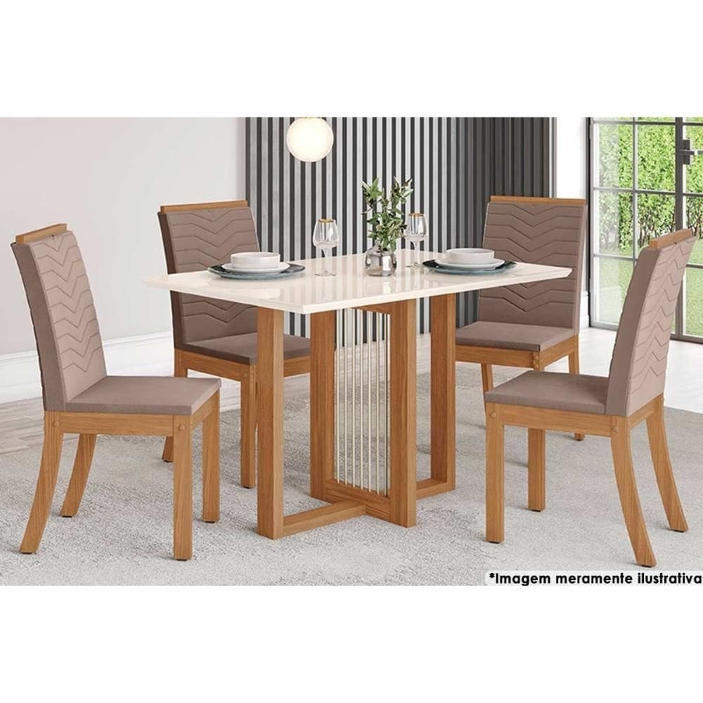 Sala de Jantar Completa Natalí c/ Tampo Madeirado c/ Vidro Reto 120x80cm e 4 Cadeiras Isa Nature/Veludo Light Bege Vanilla - Henn