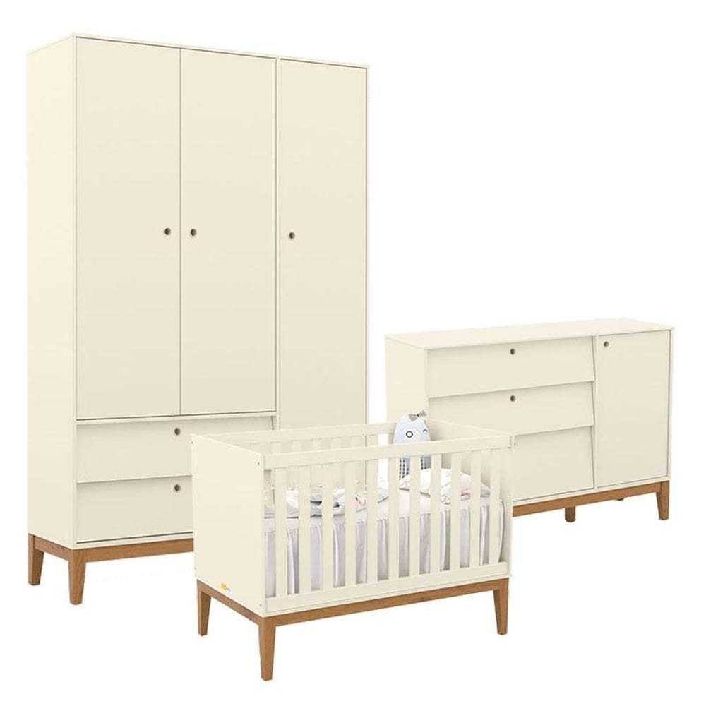 Quarto de Bebe Unique 3 Portas com Cômoda Sapateira Off White Eco Wood - Matic