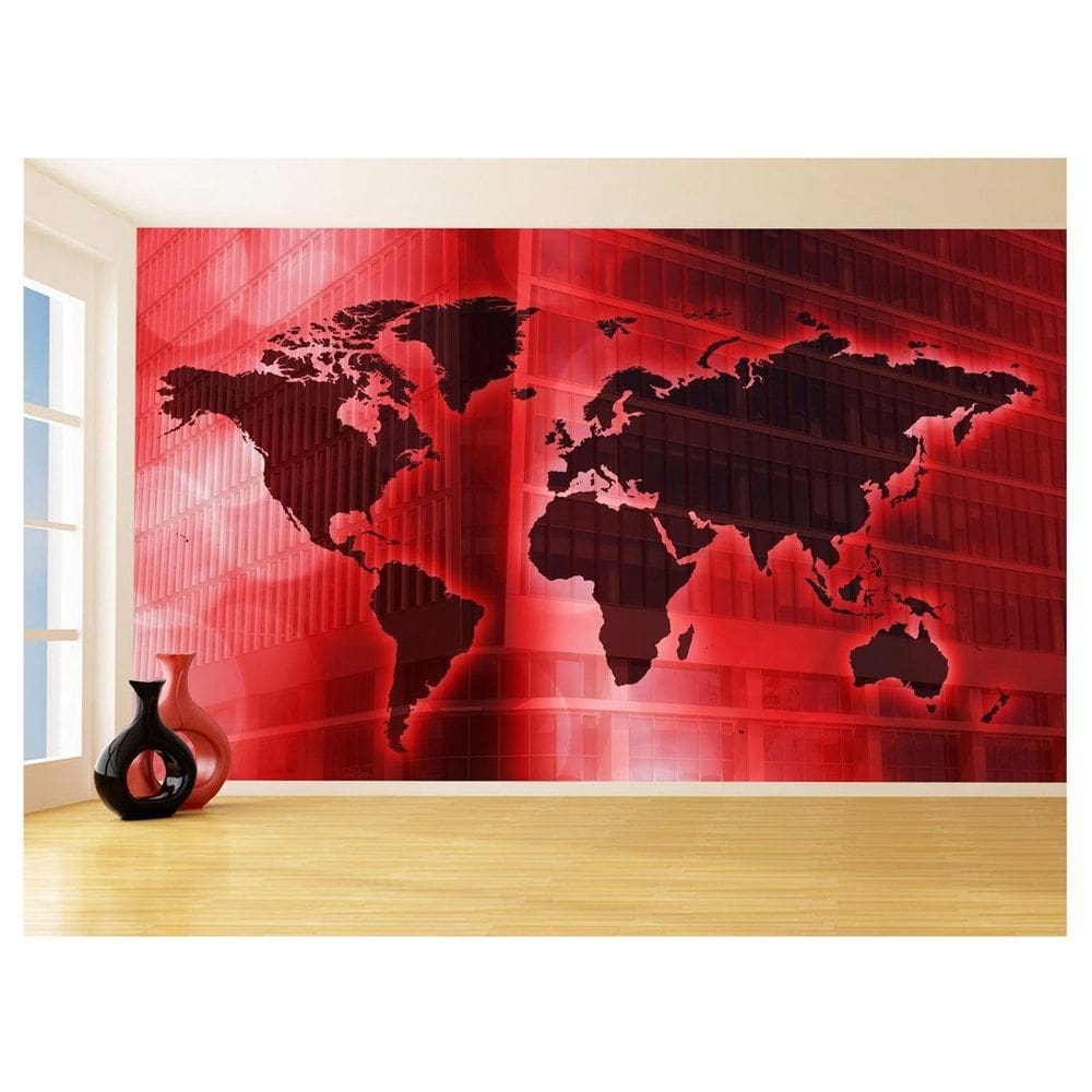 Papel De Parede Mapa Mundi Fundo Vermelho Arte 3,5M Nmu80