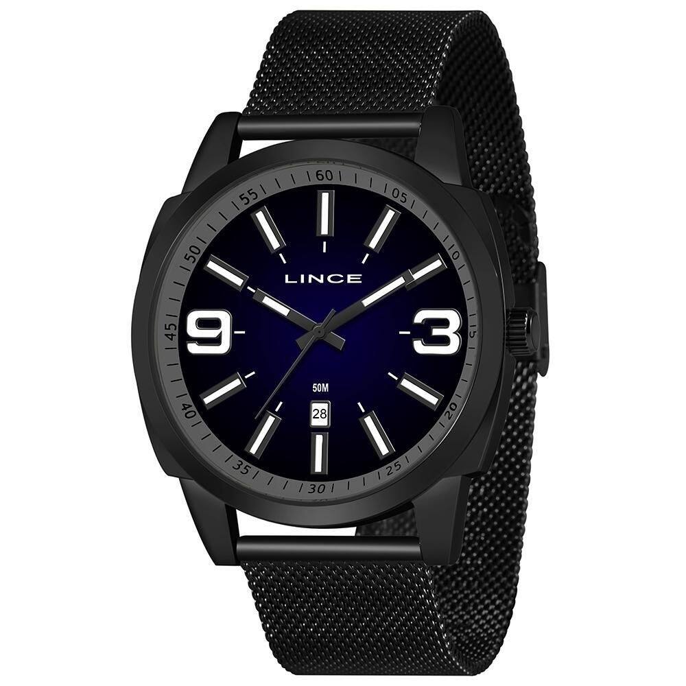 Relógio masculino preto lince fundo azul com data