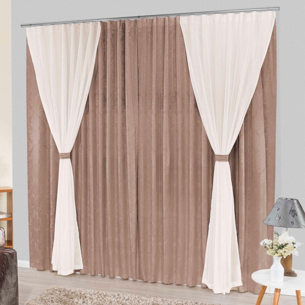 Cortina bhaly jacquard e voal 2 metros trilho suisso - bege