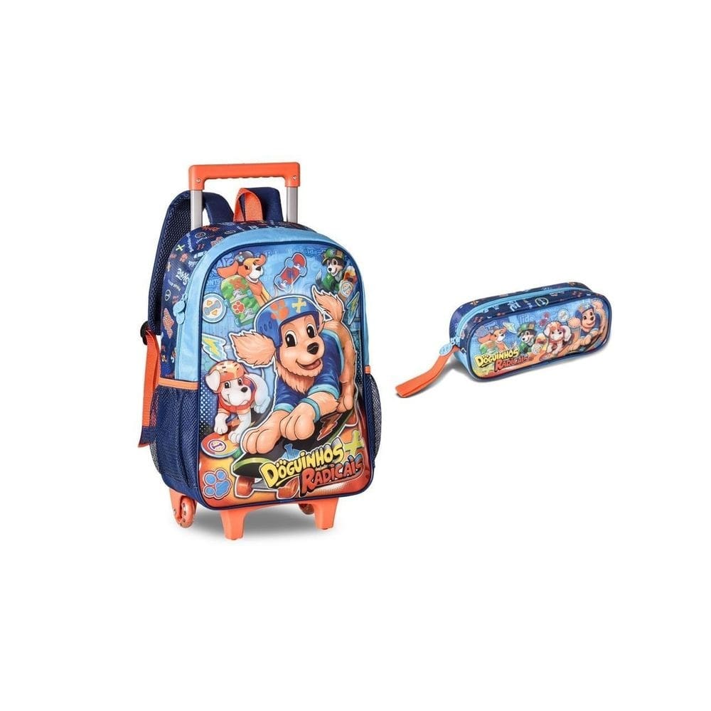 Kit escolar doguinho mochila de costas e rodinha + estojo