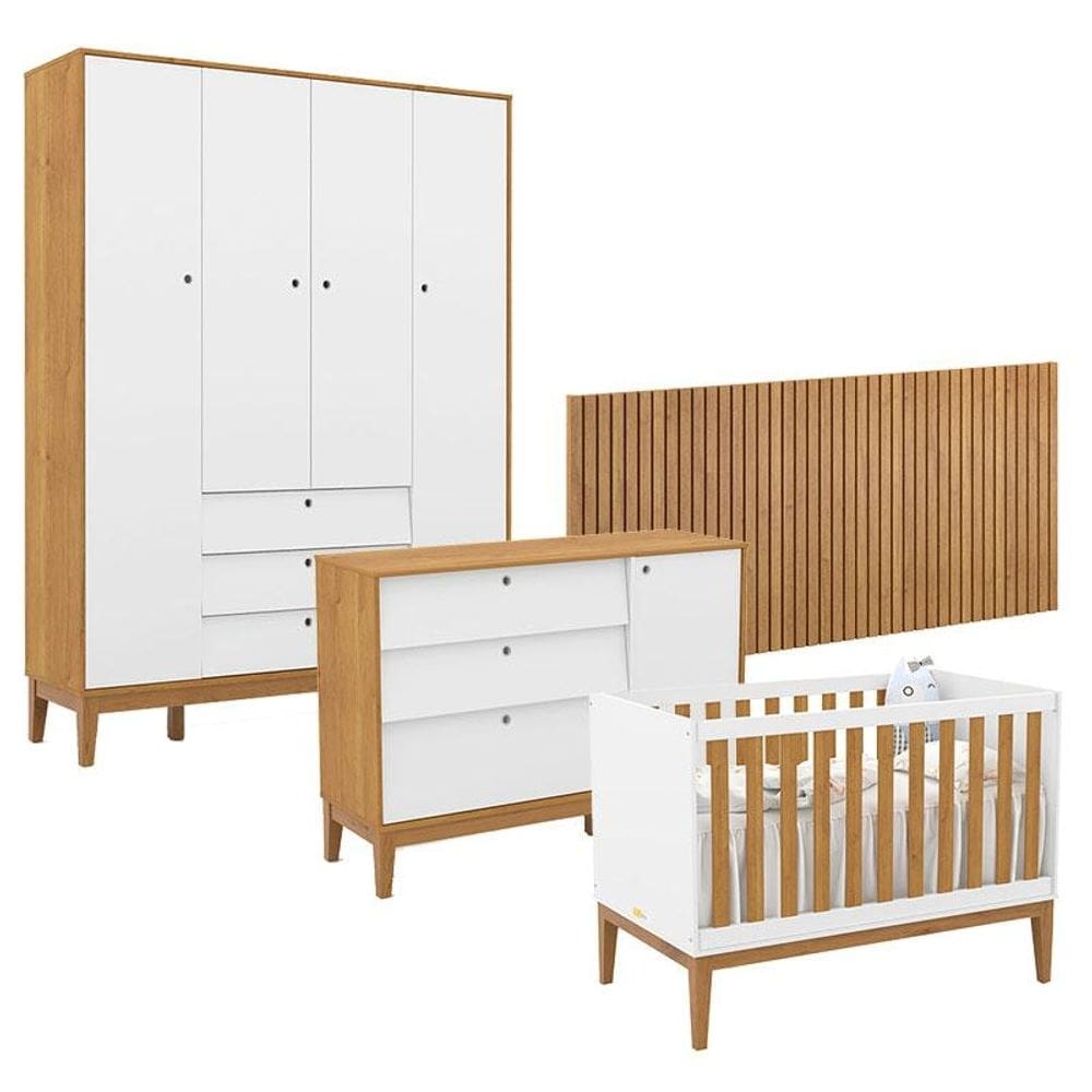 Quarto de Bebê Unique 4 Portas com Cômoda Sapateira e Painel Ripado Branco Soft Freijó Eco Wood - Matic