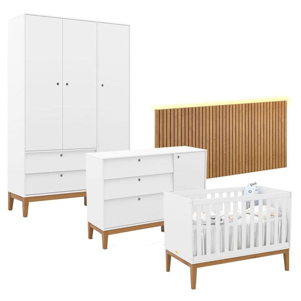Quarto de Bebê Unique 3 Portas com Cômoda Sapateira e Painel Ripado com Led Branco Soft Eco Wood - Matic