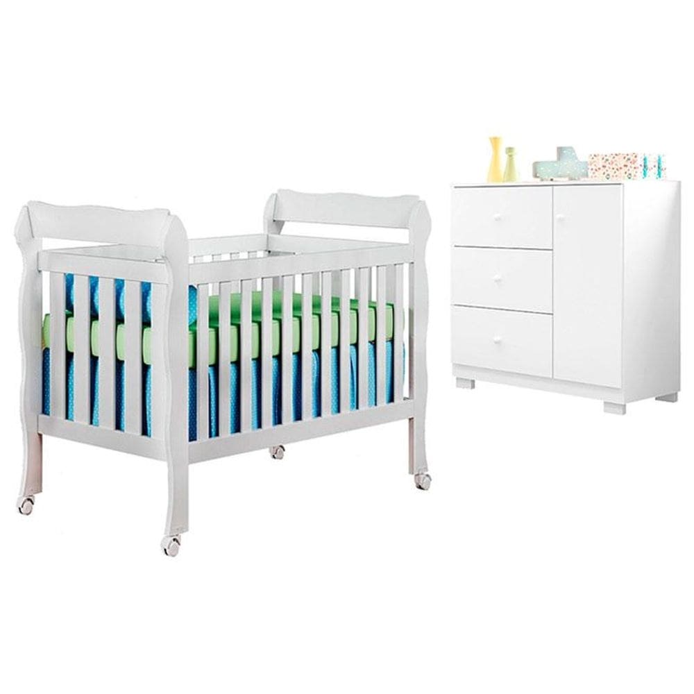 Berço Americano Lila com Cômoda Infantil Duda Branco Brilho - Phoenix Baby