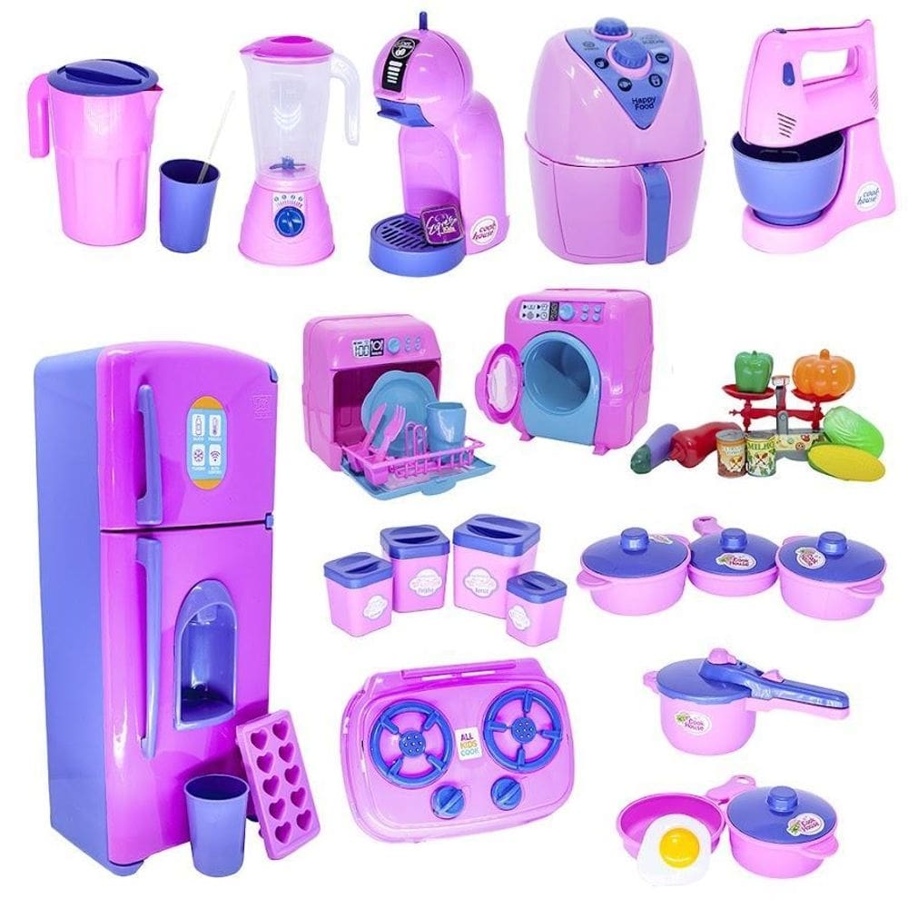 Kit cozinha infantil rosa geladeira air fryer legumes 38pç