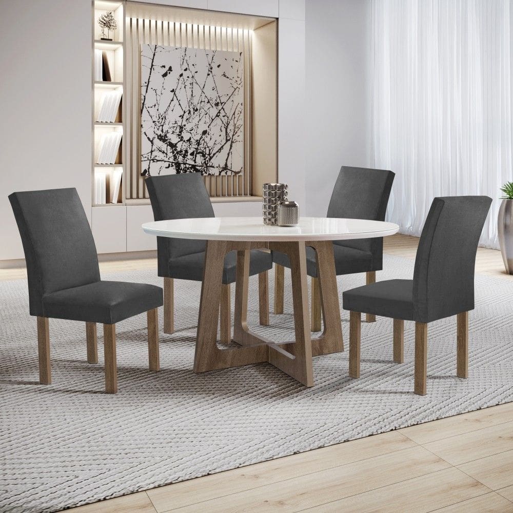 Mesa de Jantar 4 Lugares Arizona Canela com Vidro Chocolate/Off White/Boucle Cinza 20770 - Cel Móveis
