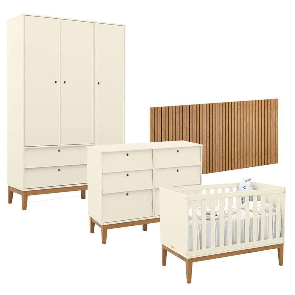 Quarto de Bebê Unique 3 Portas com Cômoda 6 Gavetas e Painel Ripado Off White Eco Wood - Matic