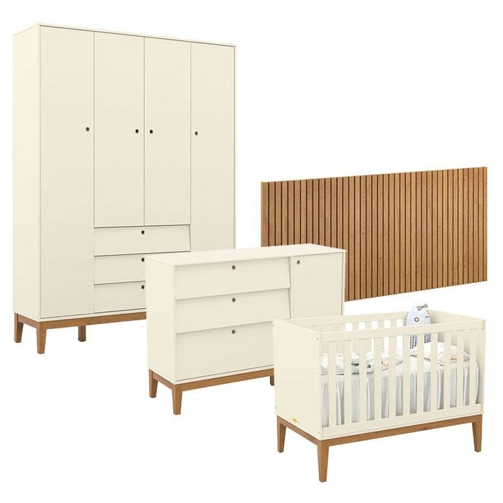 Quarto de Bebê Unique 4 Portas com Cômoda Sapateira e Painel Ripado Off White Eco Wood - Matic