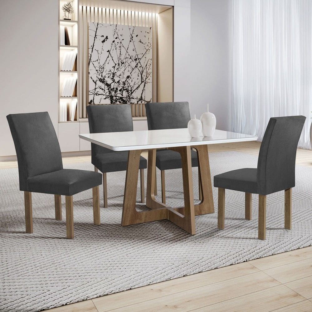 Mesa de Jantar 4 Lugares Arizona Canela com Vidro Chocolate/Off White/Boucle Cinza 20766 - Cel Móveis