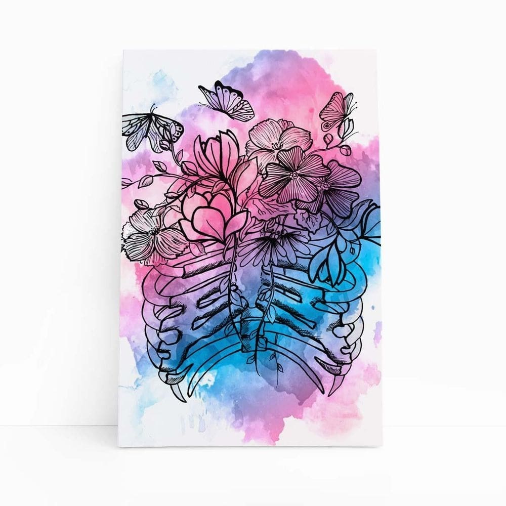 Flores Esqueleto Colorido Aquarela Quadro Canvas 60X40Cm