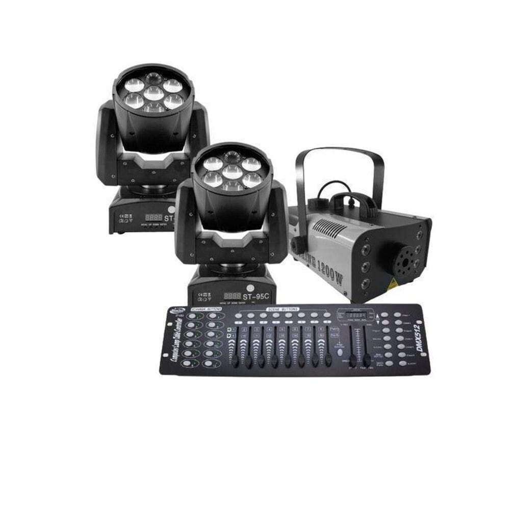Kit 2 Mini Moving + Máquina De Fumaça 1200W + Mesa Dmx 512