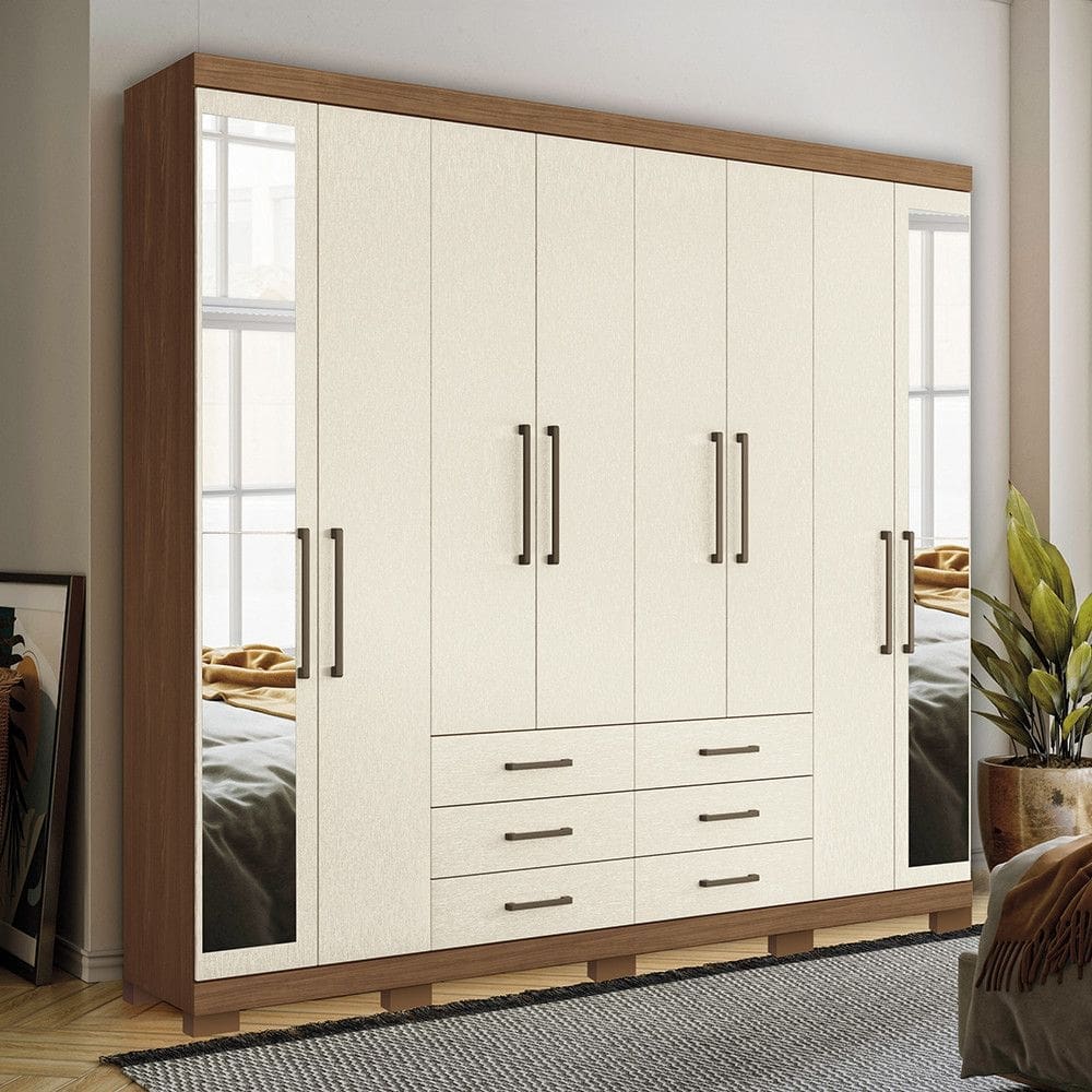 Guarda Roupa Casal 238cm 8 Portas 6 Gavetas com Espelho e Pés Havana Master Santos Andirá