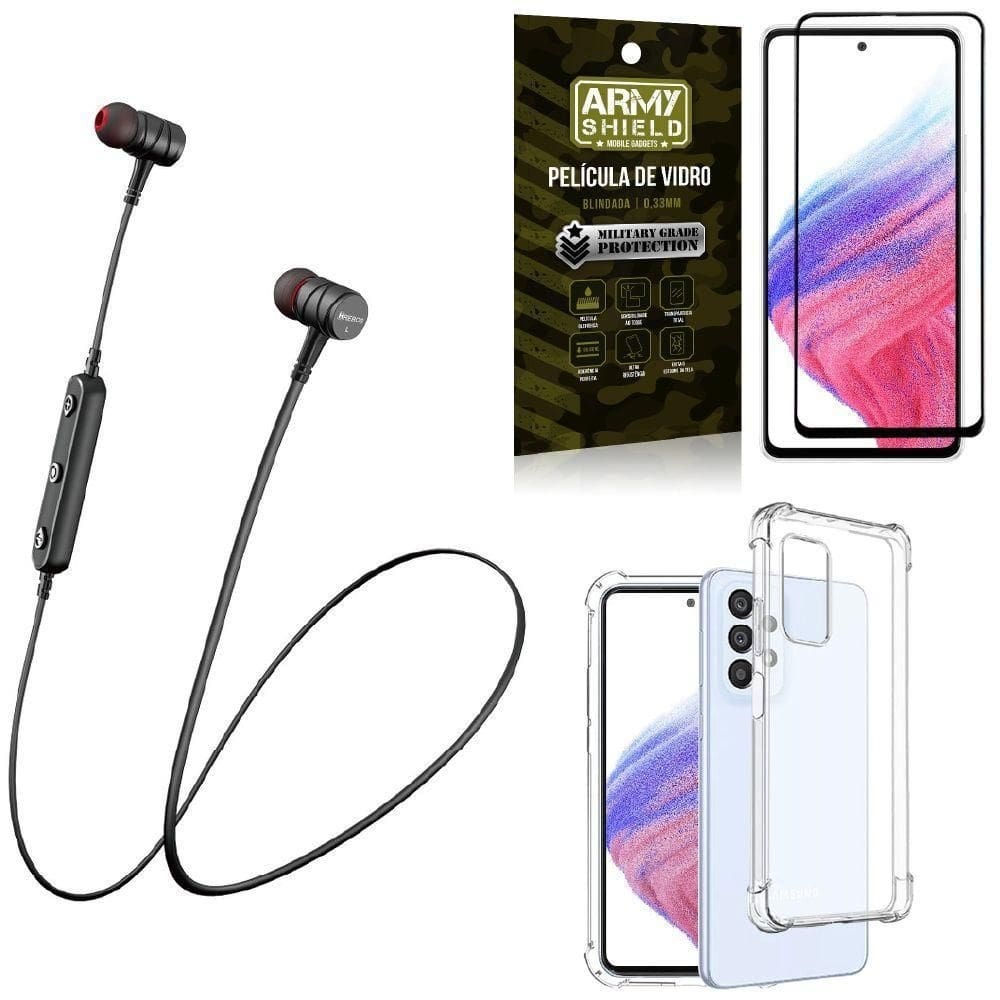 Capinha samsung a53 + fone bluetooth hs-615 + película 3d
